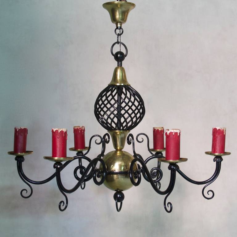 French Brass and Iron Chandelier, France circa 1950s For Sale