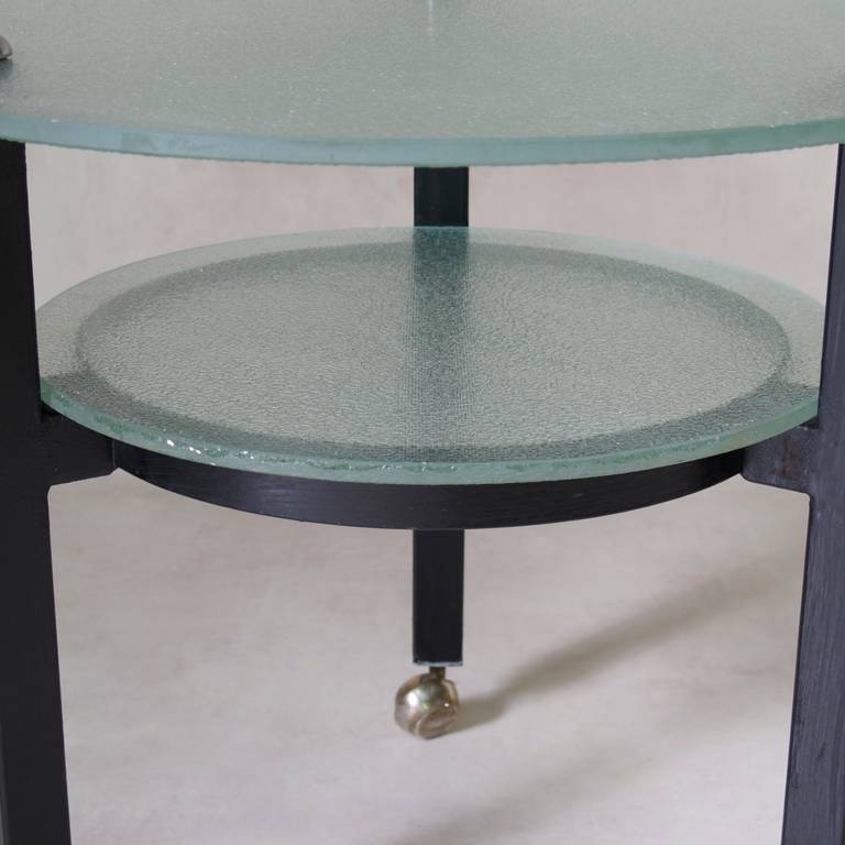 French Two-Tiered Glass and Iron Side Table on Casters For Sale