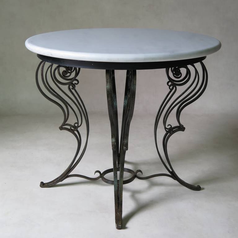 Art Deco, Wrought Iron and Marble Top Table, France circa 1930-1940