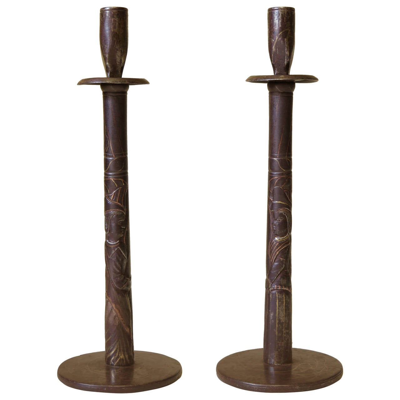 Pair of Art Deco "M. & Mme." Chiselled Iron Candlesticks, France circa 1930s