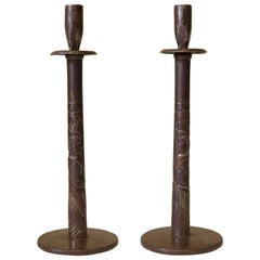 Pair of Art Deco "M. & Mme." Chiselled Iron Candlesticks, France circa 1930s