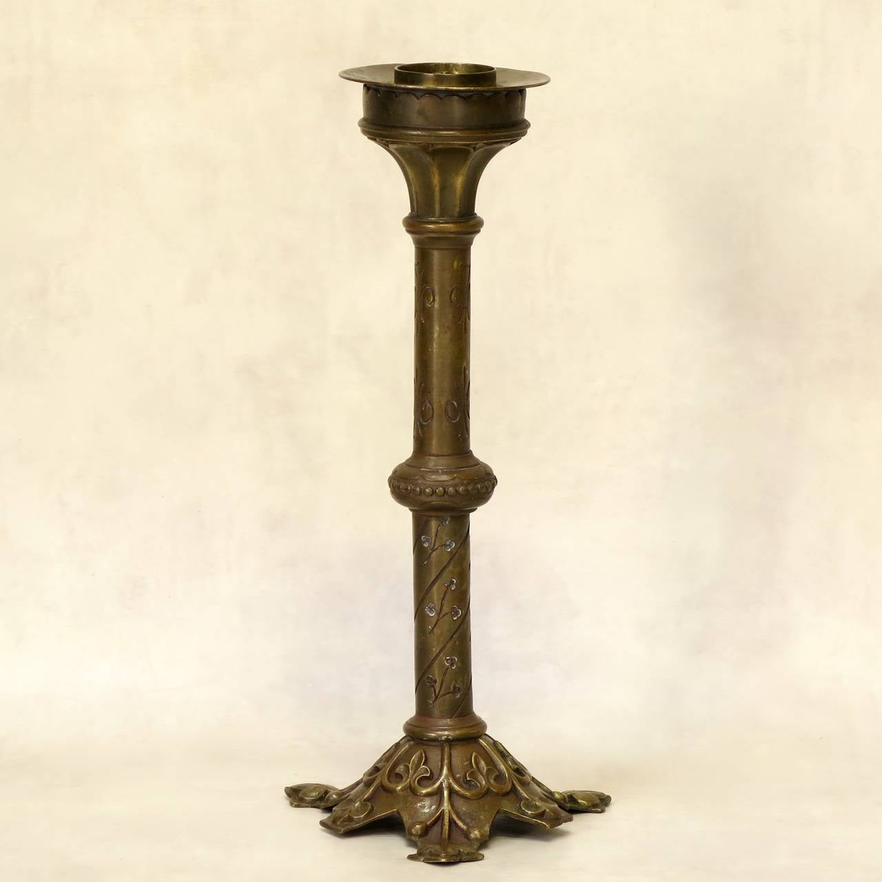 Six Medieval Style Brass Candlesticks, France, Early 1900s at 1stDibs