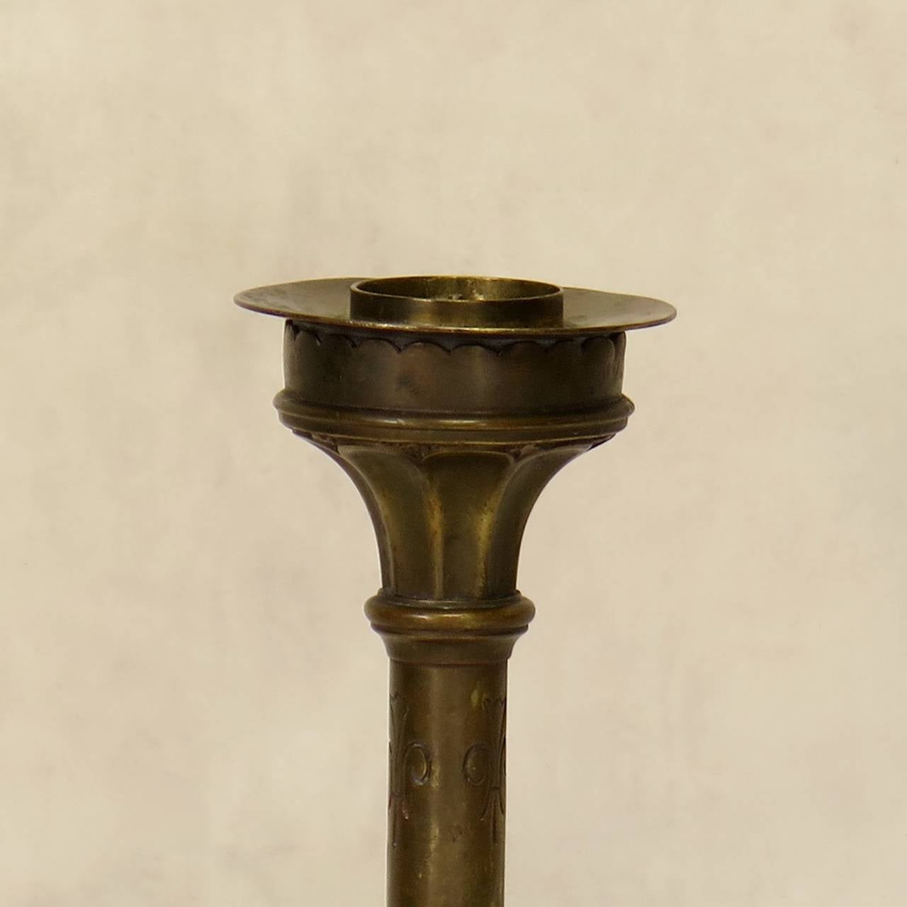 French Six Medieval Style Brass Candlesticks, France, Early 1900s