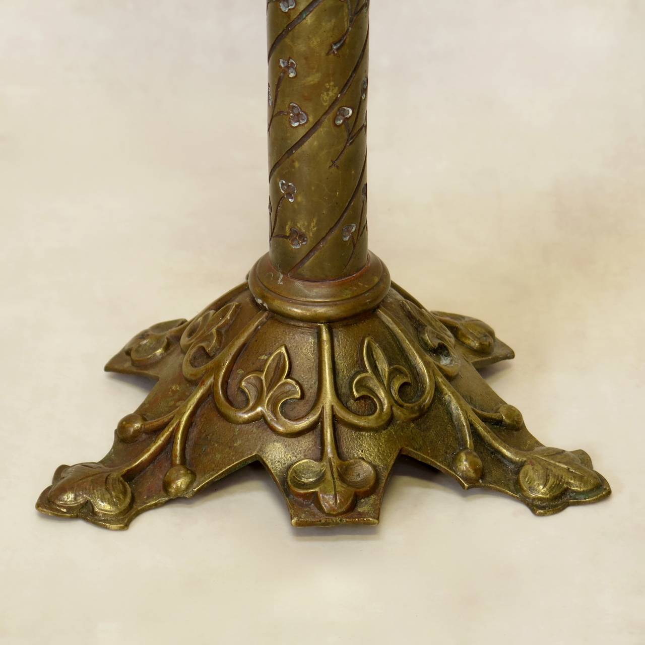 Six Medieval Style Brass Candlesticks, France, Early 1900s 4