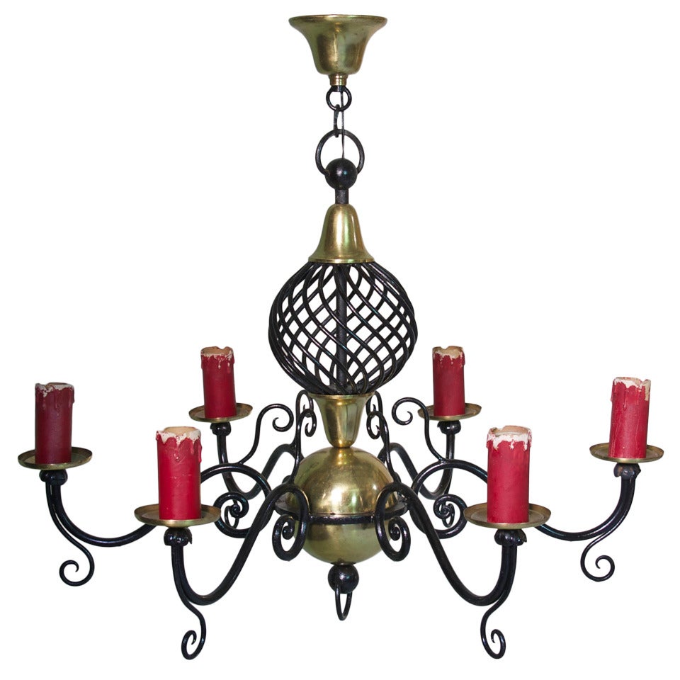 Brass and Iron Chandelier, France circa 1950s For Sale