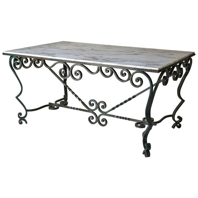 French 1940s Wrought-Iron and Marble-Top Table