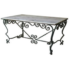 Vintage French 1940s Wrought-Iron and Marble-Top Table