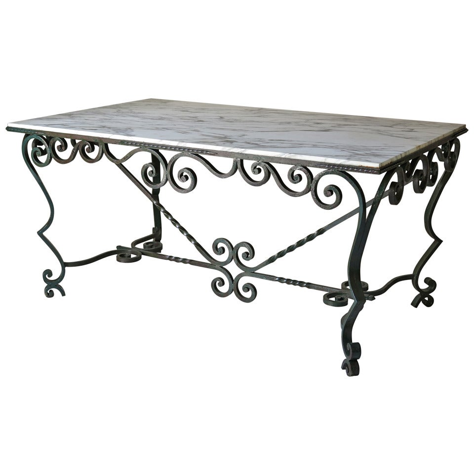 French 1940s Wrought-Iron and Marble-Top Table For Sale