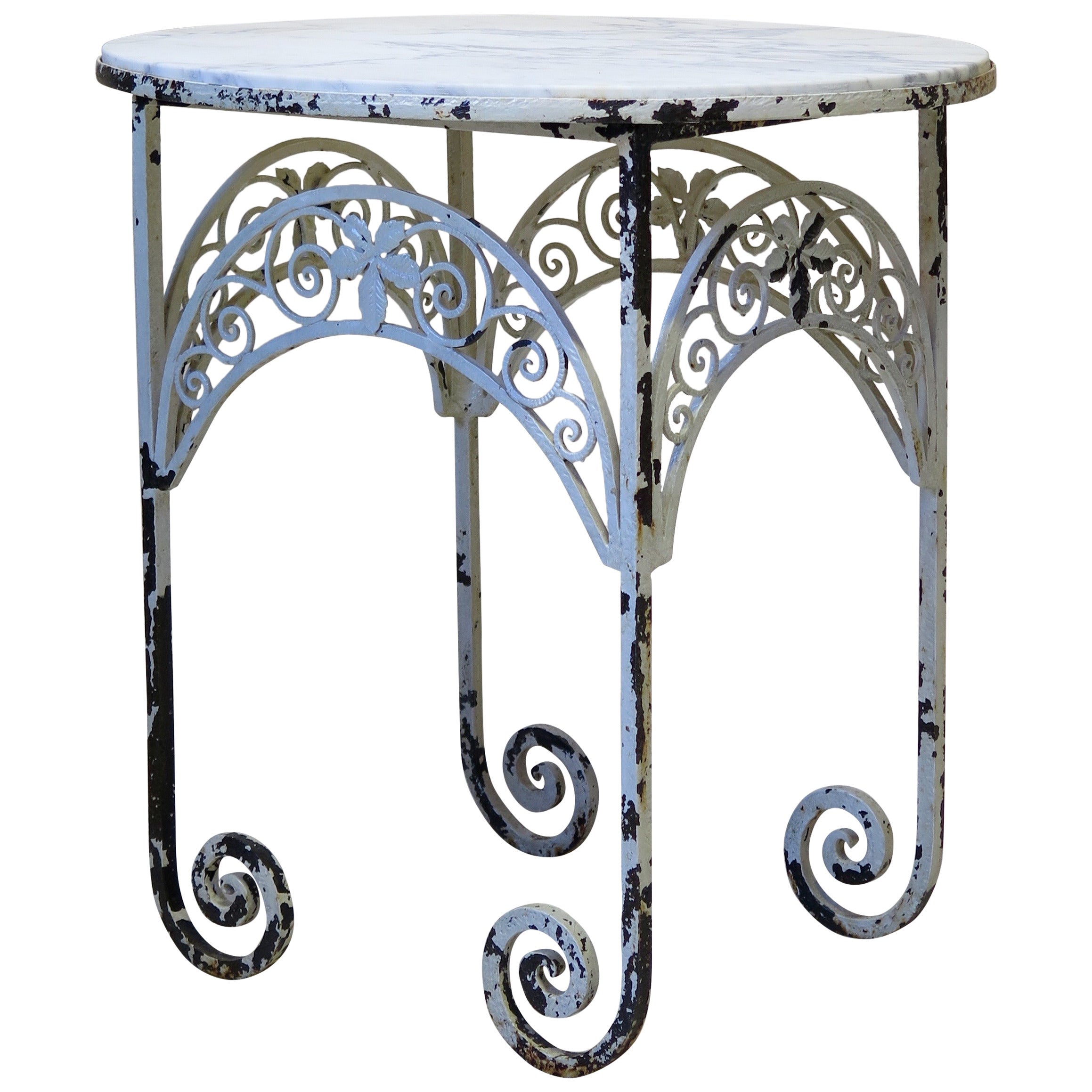 Oval Art Deco Wrought Iron and Marble Side Table, France, circa 1920s