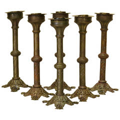 Six Medieval Style Brass Candlesticks, France, Early 1900s