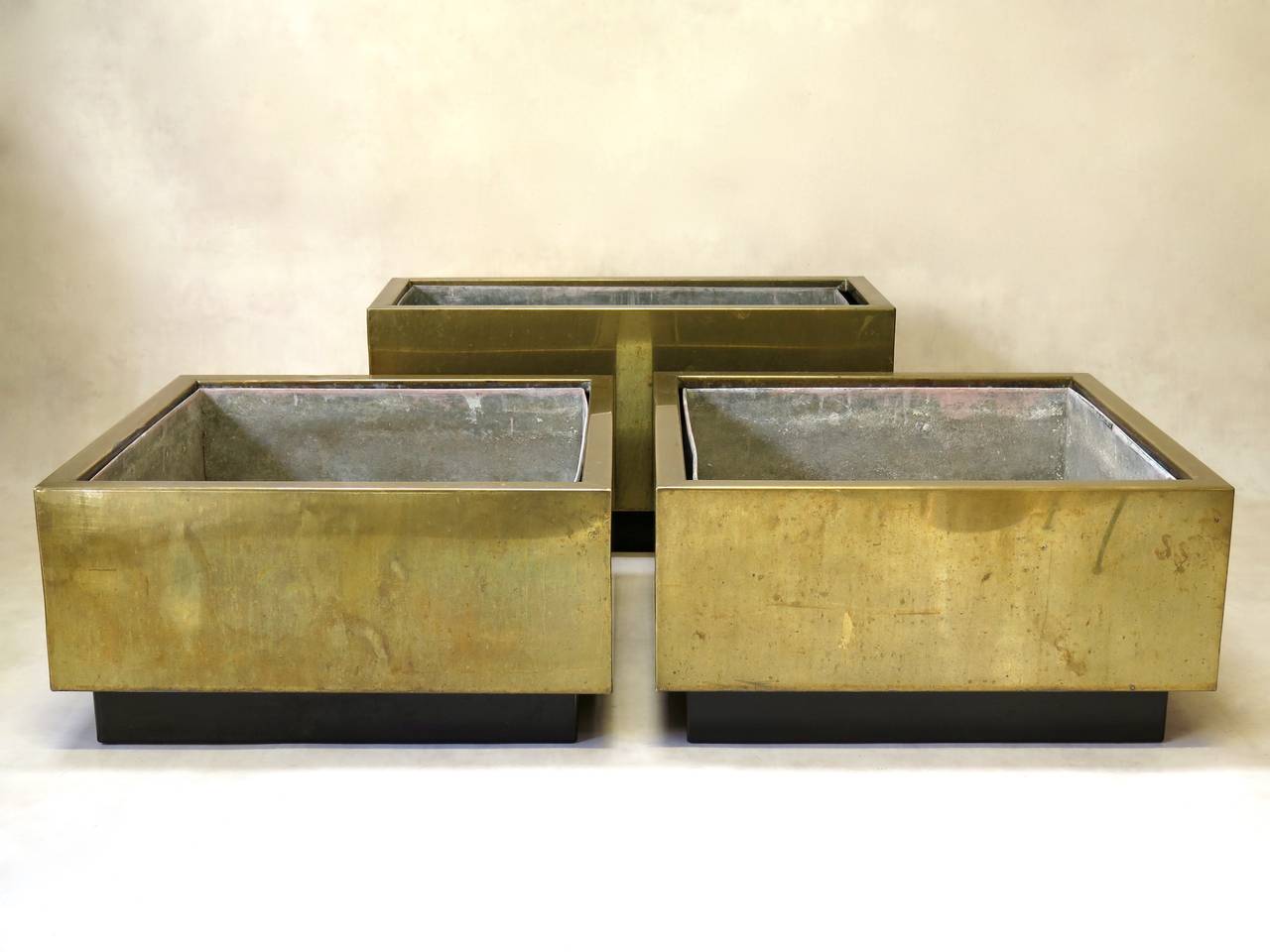 Mid-Century Modern Pair of Large Square Brass Planters - France, Circa 1960s