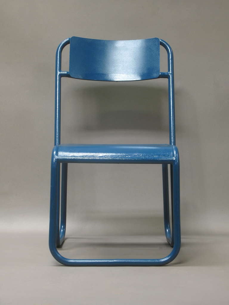 Mid-Century Modern Pair of Blue Tubular Metal Chairs - France, 1950s
