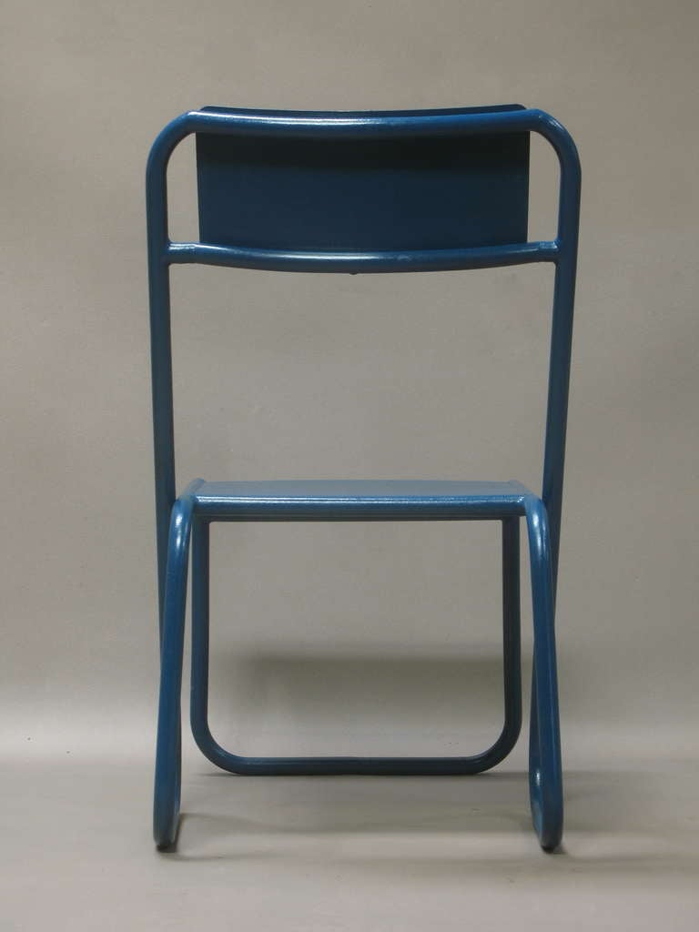 French Pair of Blue Tubular Metal Chairs - France, 1950s