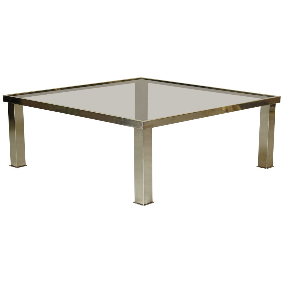 Square Brass and Glass Coffee Table, France 1970s