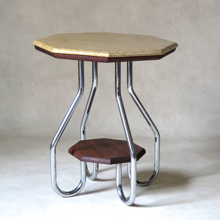Pair of mid-century side tables, with a chromed metal structure and yellow hexagonal marble tops. There is a small hexagonal wooden lower tier. 
Interesting design.