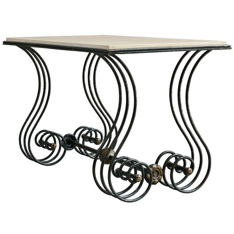 Unusual Wrought Iron & Marble Coffee Table - France, 1940s