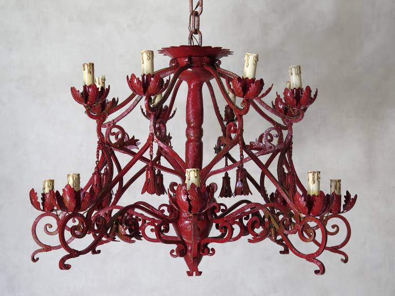 Glass Unique Wrought Iron Set “Table, Chandelier & Plant Stand” France or Italy, 1950s For Sale