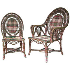 Antique Wicker Chair and Armchair, France, Early 1900s
