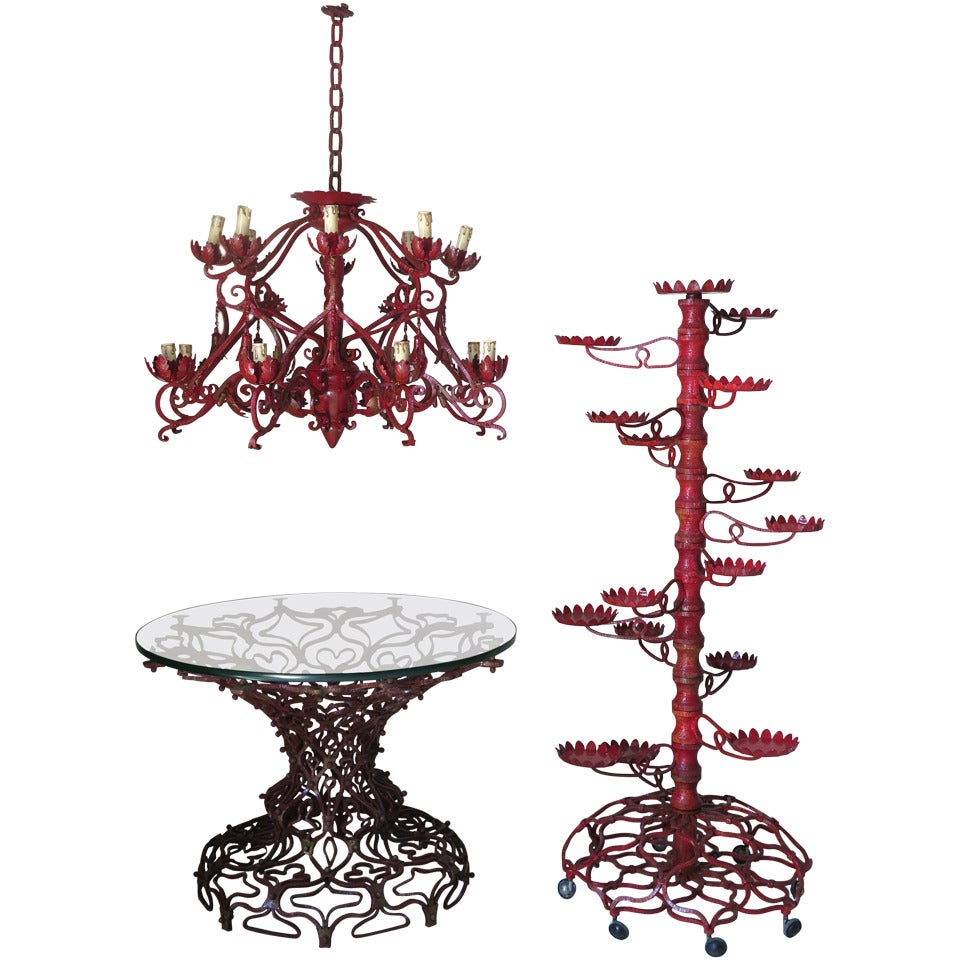 Unique Wrought Iron Set “Table, Chandelier & Plant Stand” France or Italy, 1950s