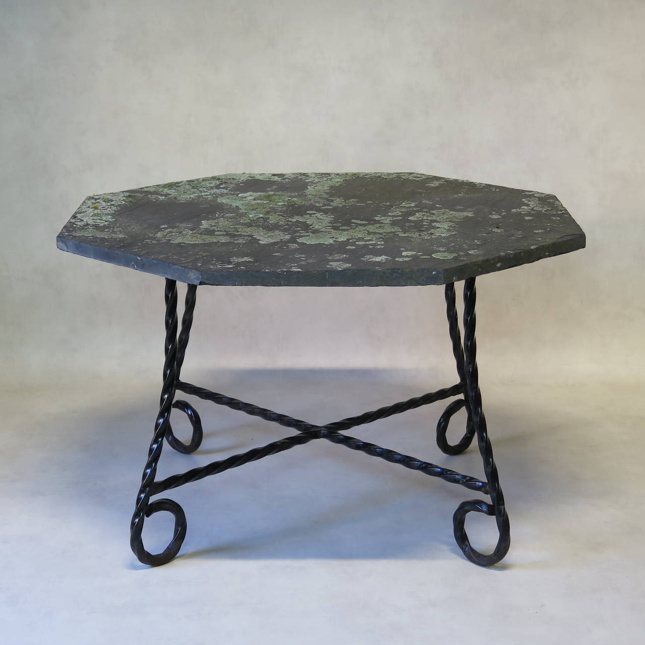 French Octogonal Wrought Iron and Slate Top Dining Table, France 1950s