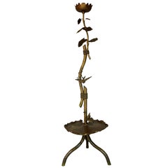 Antique 19th C. Gilt Metal Lotus Flower and Bird Floor Lamp