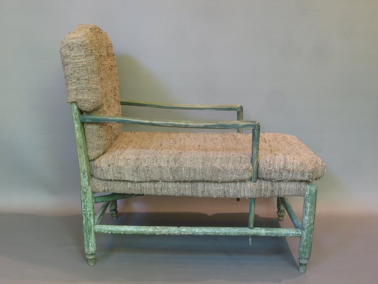 Unusual chaise longue, in the style of the more traditional provençal settee, the radassier. 

Very long, deep seat. Wooden structure with a rush back and newly upholstered in beige vintage textured wool fabric.