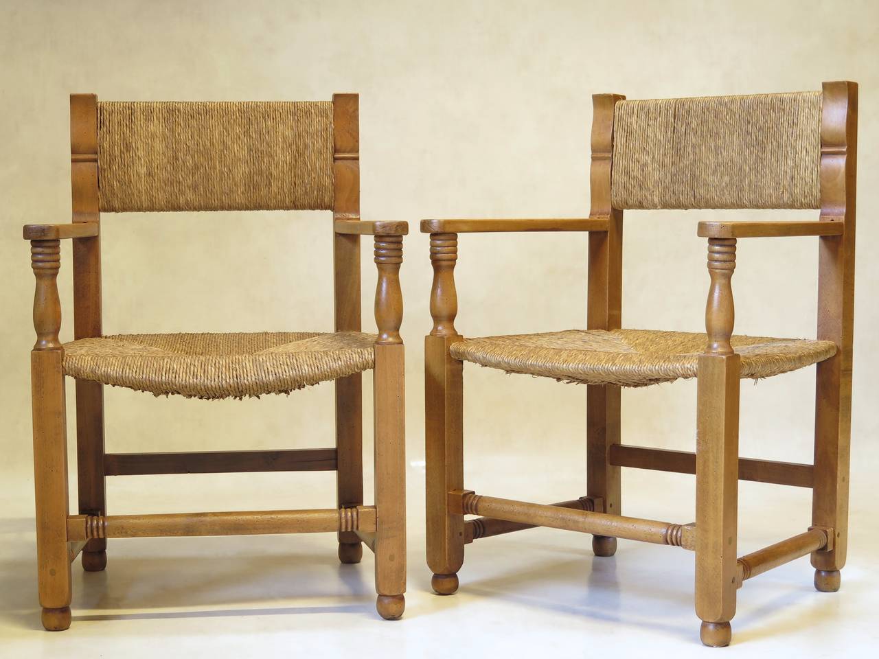 Pair of Wood and Rush Armchairs in the Style of JC Moreux, France, circa 1940s