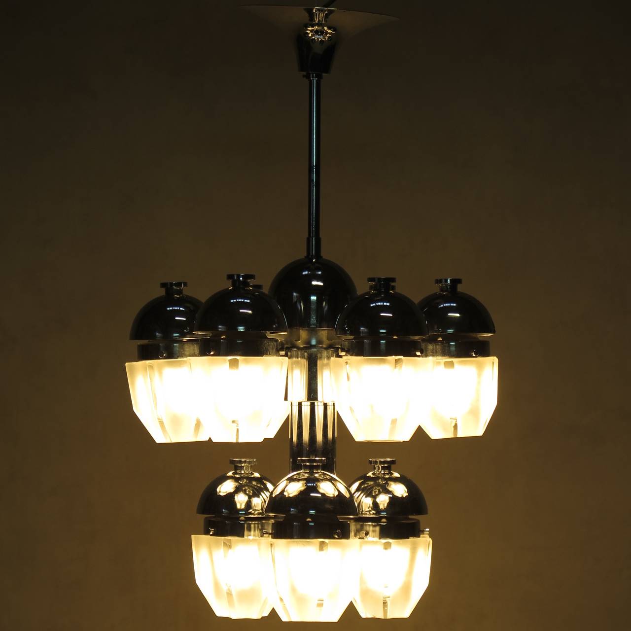 Mid-Century Modern Chrome and Glass Chandelier, France, 1960s For Sale