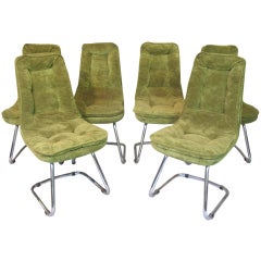 Set of Six Velvet & Chrome Chairs - France, 1970s