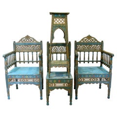 Oriental Set of Two Armchairs, a Chair and a Plant Stand