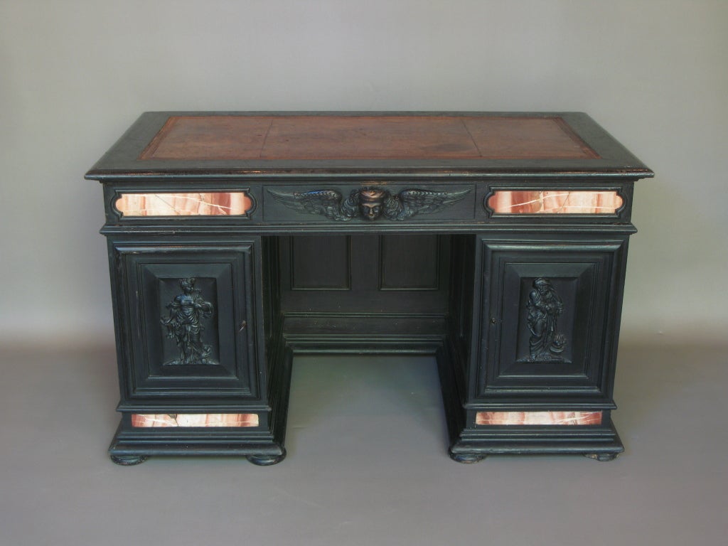 French Napoleon III Ebonized Desk with Marble Inlay, France, 19th Century For Sale