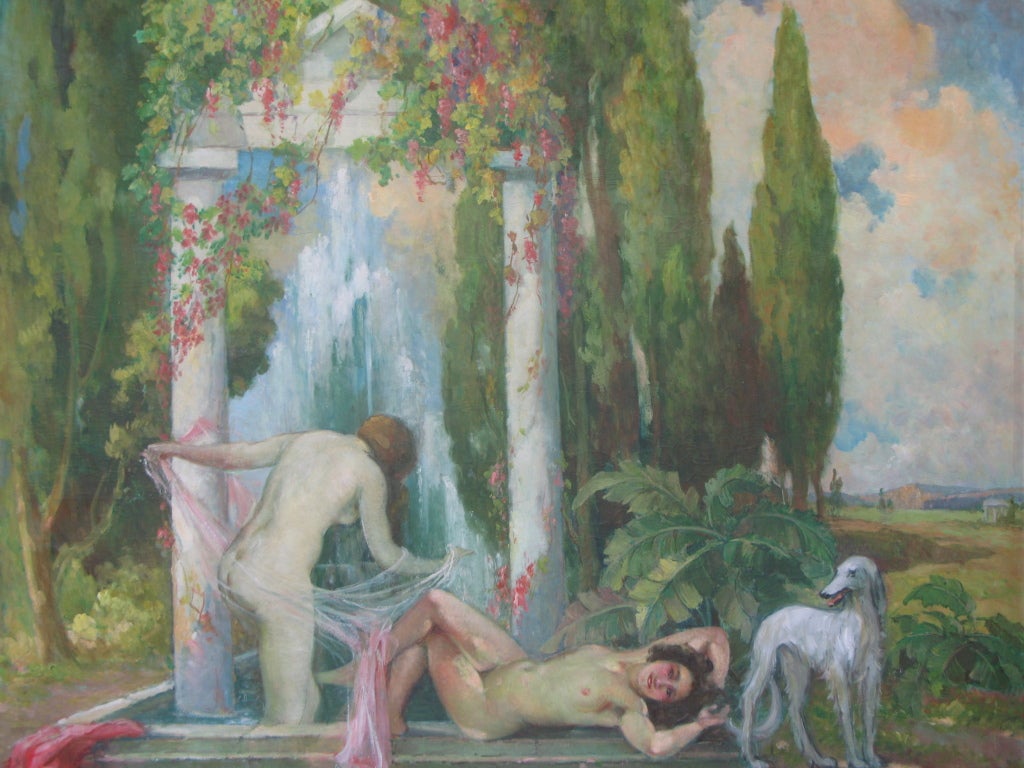Classically inspired painting of an idyllic setting. In the foreground, two women lounge around a basin, one bathing and one reclining as a Russian Wolfhound looks on. Behind them is a Roman-style portico, covered in bougainvillea and a cluster of
