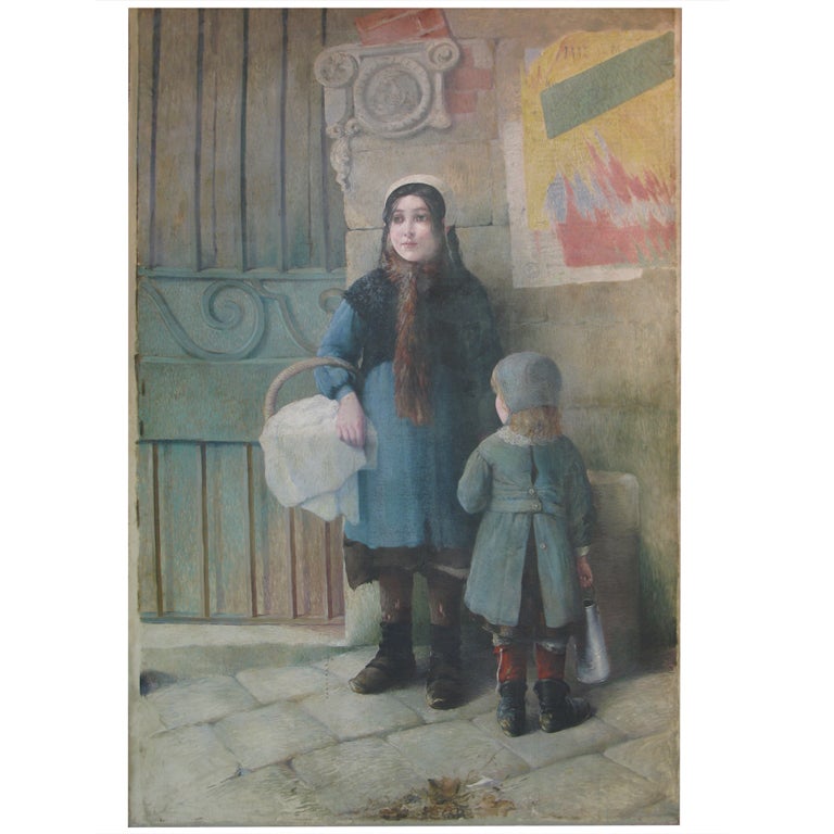 Large-Scale Oil on Canvas Painting of a Street Scene Featuring Two Young Girls For Sale