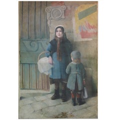 Large-Scale Oil on Canvas Painting of a Street Scene Featuring Two Young Girls