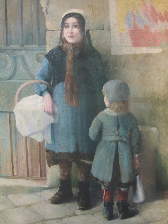Peinture à l'huile sur toile représentant une scène de rue avec deux jeunes filles dans une rue pavée.
Très bien peint. Par endroits, technique similaire au pointillisme.
Non signée.