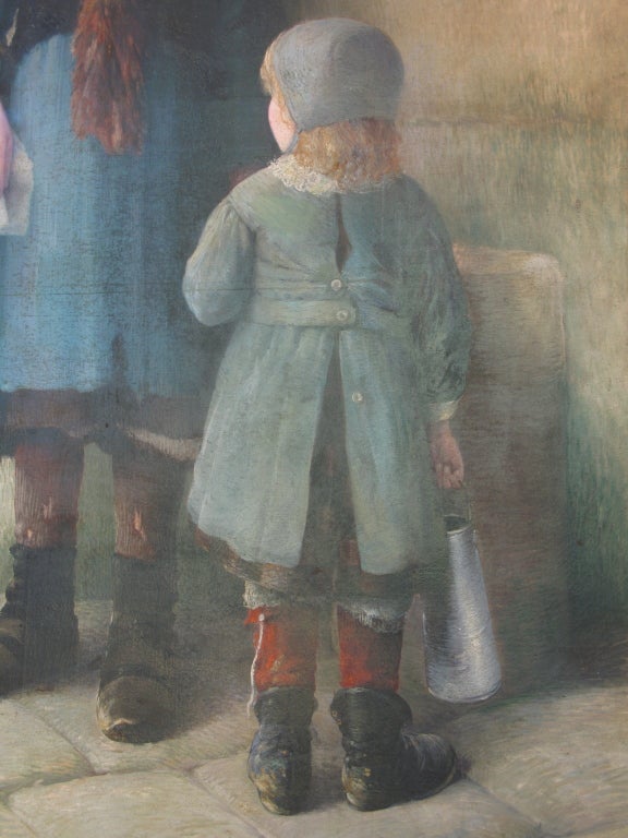 19th Century Large-Scale Oil on Canvas Painting of a Street Scene Featuring Two Young Girls For Sale