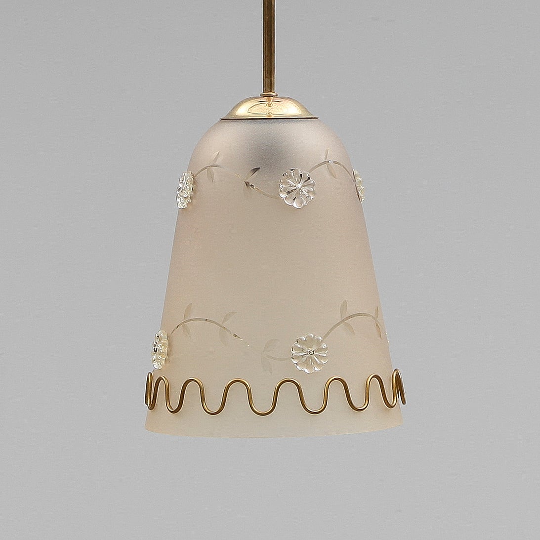 Vintage Scandinavian pendant by T R & Co., Norway. Body of brass. Bell-shaped opaque glass shade with etched decoration and fittings of brass. Marked TR & Co. Dimension: H 10