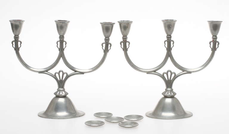 A Pair of Three Arms Candelabra by Just Andersen in Pewter. Denmark. Circa 1930th.
Marked by manufacturer. H- 9".