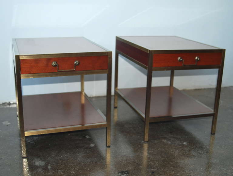 A Pair of Scandinavian Night Tables with drawers, Circa 1980th.
Denmark or Swedish manufacturer.
Wood with brass trim.
H- 20