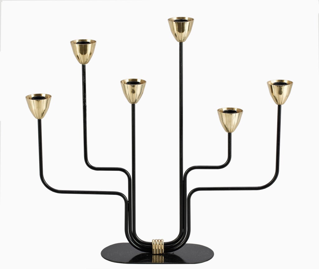 Large Candelabra by Gunnar Ander.
Brass and painted metal six light candelabra. Produced by Ysatd Metal. Sweden. 
Minor wear condition.
2 available, pricing for each.