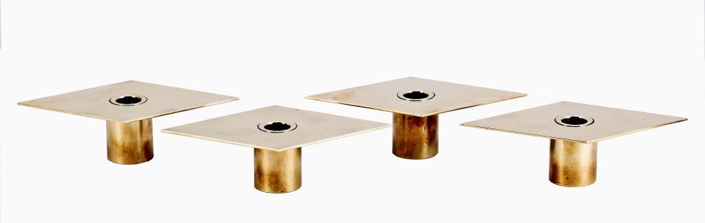 Set of four rhomb-shaped brass Candleholders designed by Sigurd Persson (1914-2003) Sweden.
Solid brass cylindrical base with polished rhomb plate.
Each example marked: SIG.P