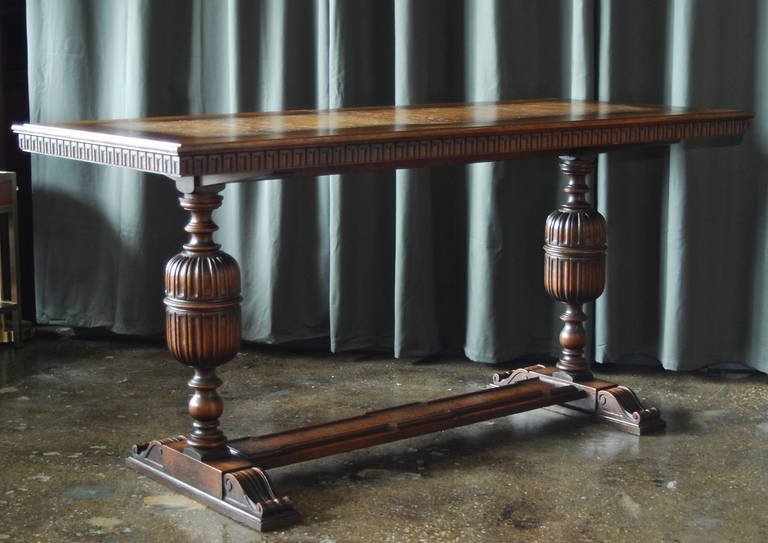 Library table designed by Axel Einar Hjorth for Nordiska Kompaniet, Sweden, circa 1920. Model Charles. Stained oak.
NK tug with model number attached.
Measures: 59