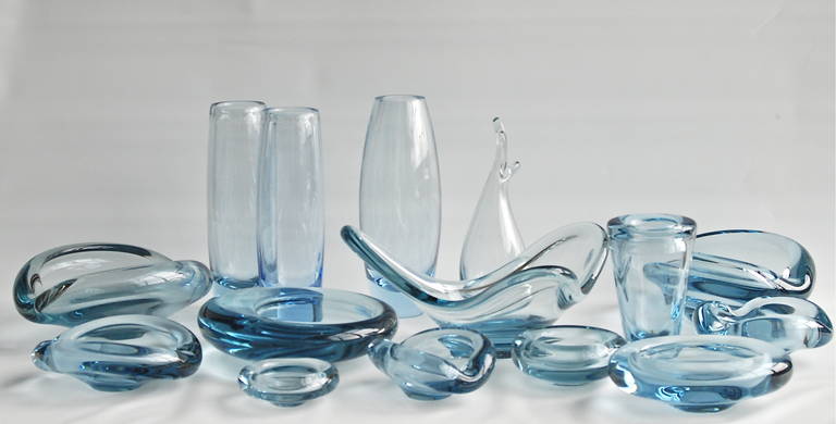 Collection of 15 glasswork designed by Per Lutken for Holmegaard, Denmark, circa 1950-1960s. Each pieces signed and numbered by artist.