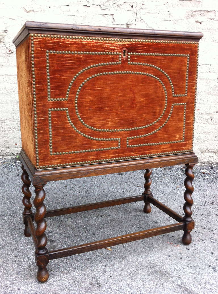 A small cabinet nightstand designed by Otto Schulz for Boet, Sweden. Stained wood with velvet upholstery decorated with nailheads. Interior with two drawers in clear maple.
Key included. Manufacturer label on the back.
See similar match cabinet.