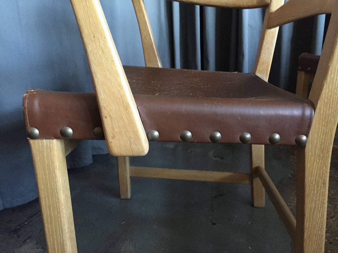 Leather Set of 6 Dining Chairs in Cerused Oak by Axel Einar Hjorth, circa 1940 For Sale