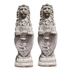 Pair of Small Stone Lions with Shields, circa 1900