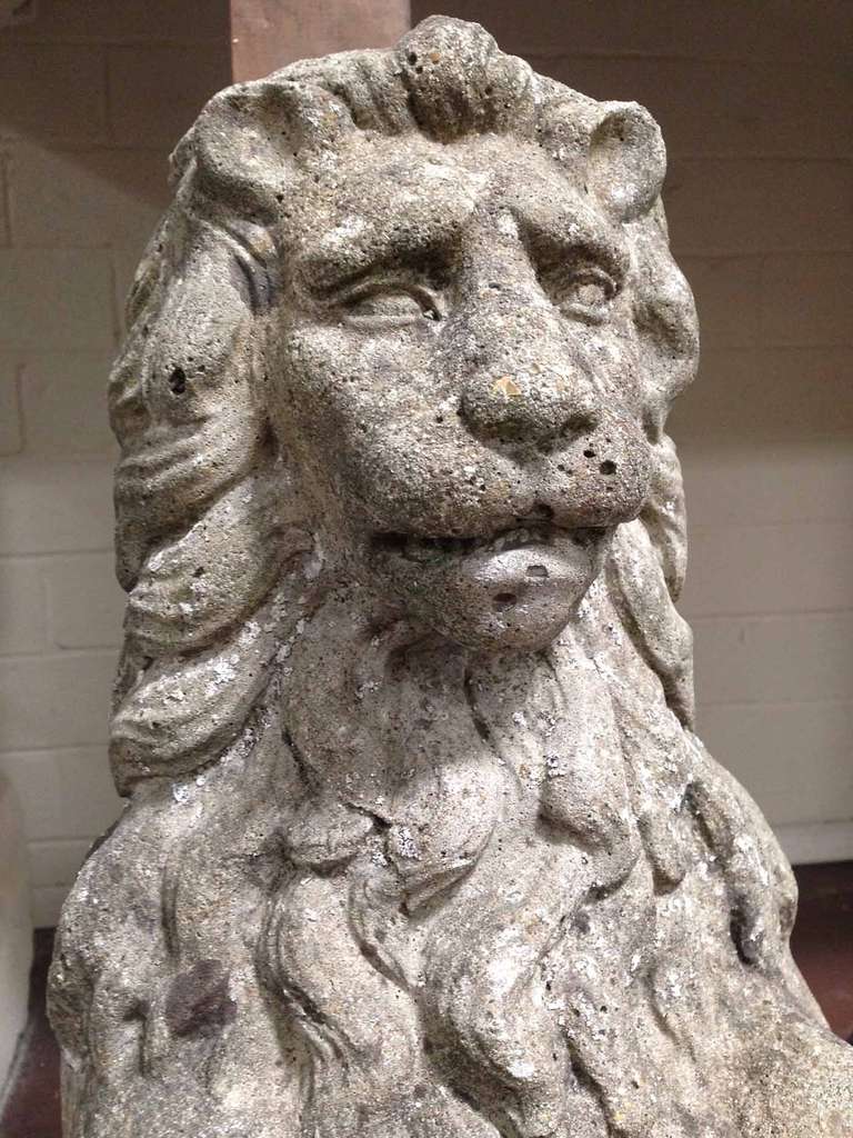 Pair of Small Stone Lions with Shields, circa 1900