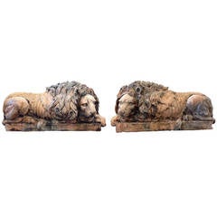 Midcentury Pair of Marble Lying Lions