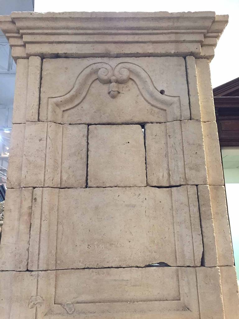 Antique Louis XIV limestone mantel with trumeau.

Measurements: 48″ W x 15″ D x 101 1/2″ H.
Firebox: 36 1/4″ W x 33 1/2″ H.