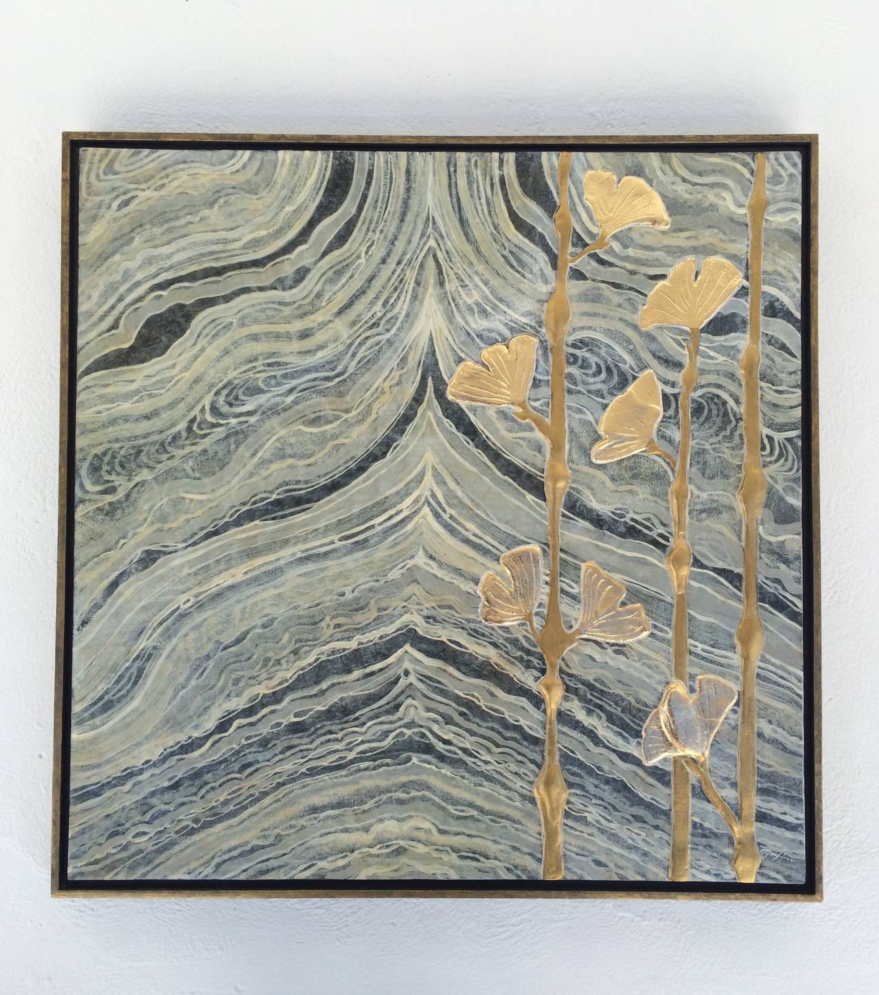 An original painting by Palm Springs artist Max Rodriguez. 
Acrylic, plaster and gold-leaf on panel. 
24